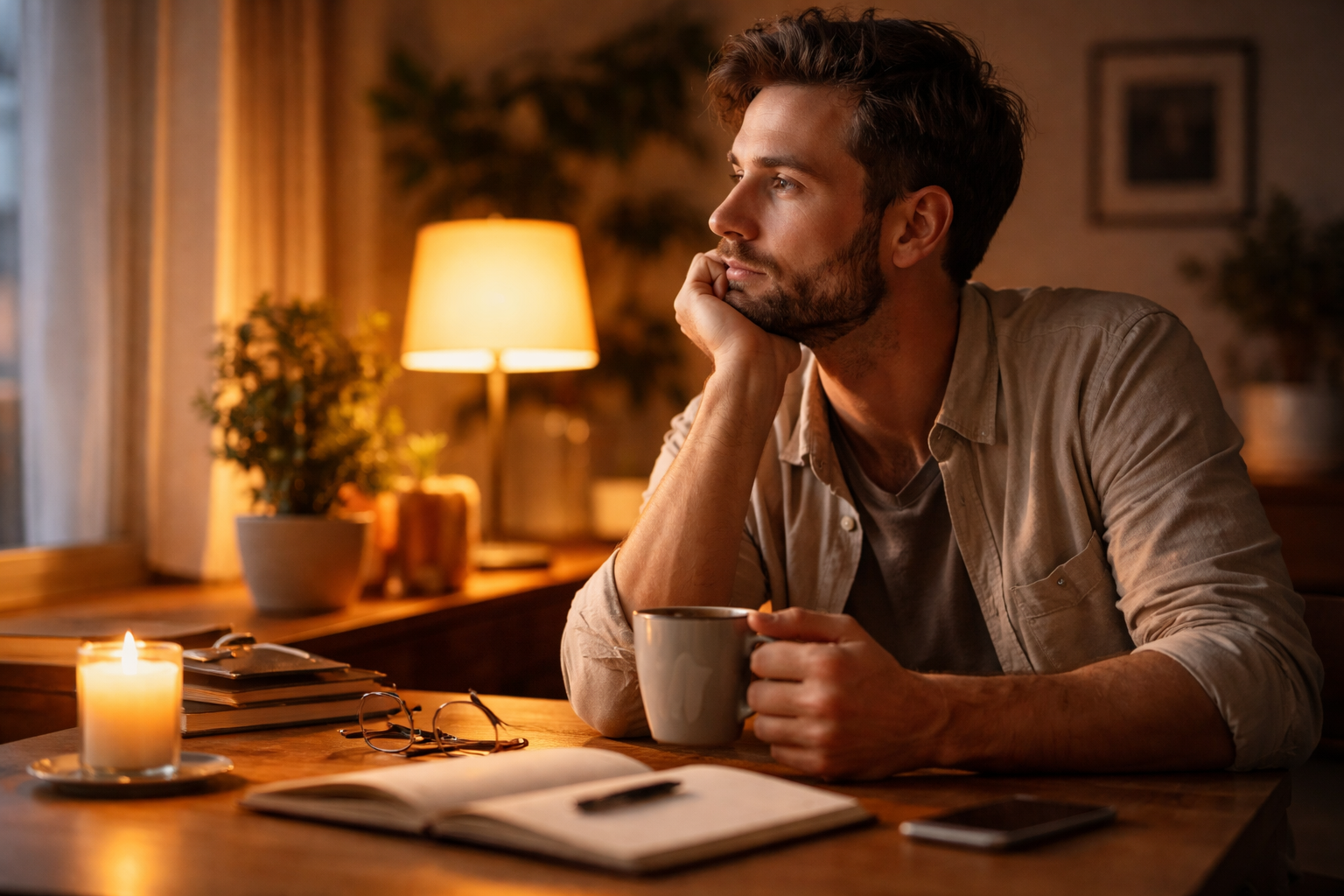 Persona che riflette con luce calda, atmosfera quotidiana e calma